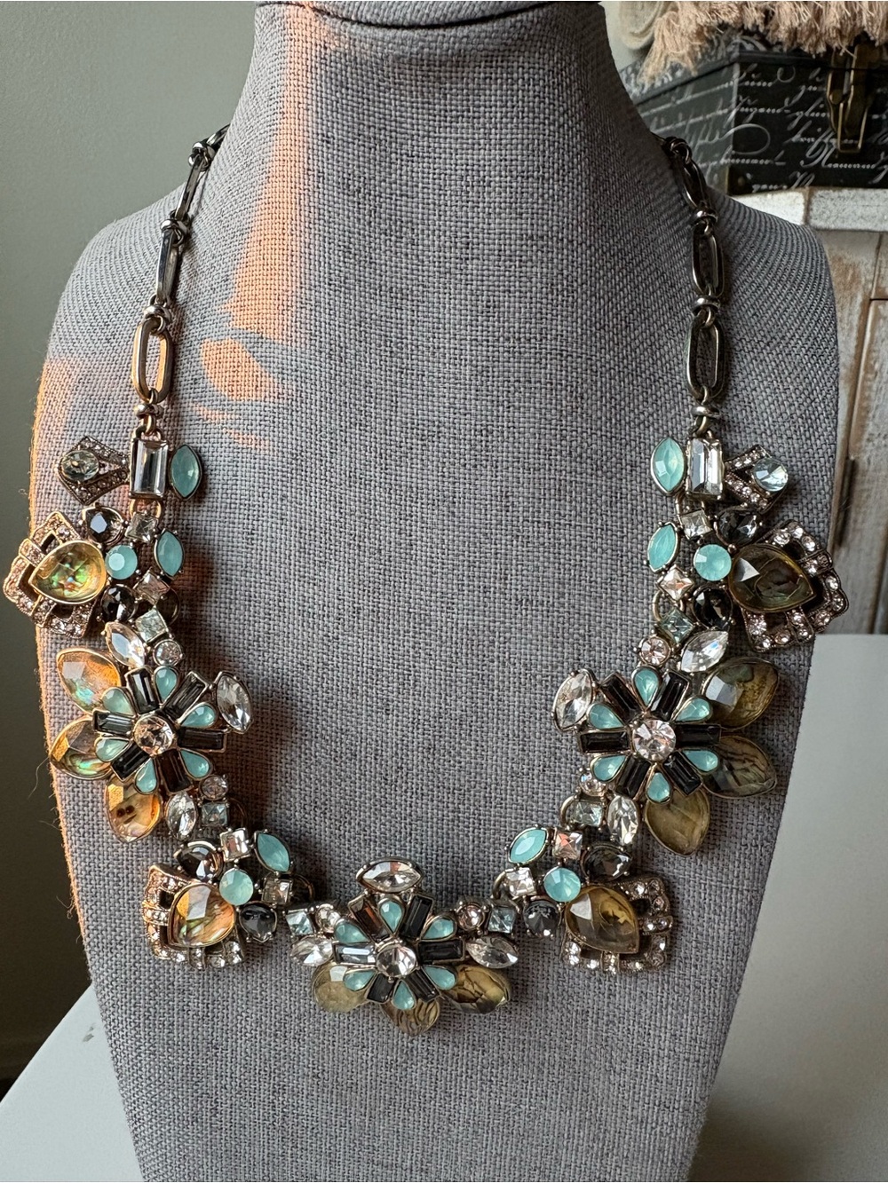 Bella Jack Rhinestone Statement Necklace Blue Brown Abalone Like Crystals Glam